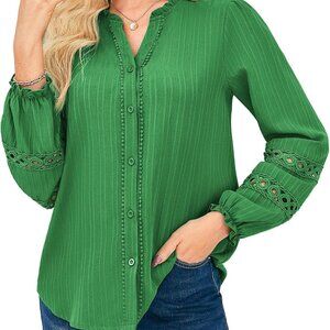 Trendy Large Green Hollow Out Blouse - Comfortable Long Sleeve V Neck Design